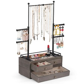 OLAKEE Jewelry Organizer - 2 Layer Wooden Jewelry Drawer Storage Box with 6 Tier Jewelry Tree Stand, Jewelry Display for Necklaces Bracelet Earring Ring Weathered Grey