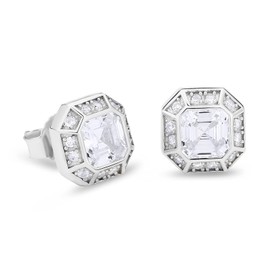 KRKC&CO S925 Silver Earrings, Men's Iced Out Square Earrings, 14K Gold/White Gold-Plated Stud Earrings with White Zirconia Stones, Allergy-Free Earrings, Gift for Men, Women, Boys, Sterling Silver,