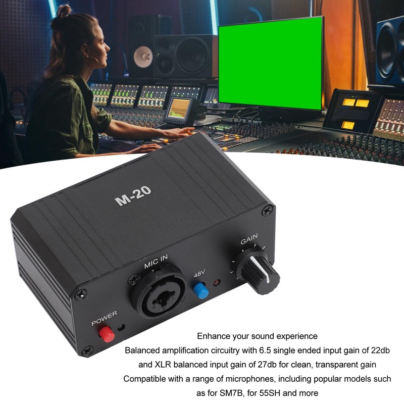 Mic Preamp, Microphone Gain Booster Dynamic Condenser 48V Phantom Power