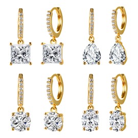 MDFUN Gold Dangle Hoop Earrings Set for Women 18K Gold Plated Hypoallergenic Dangling Huggie Earring Sets Cubic Zirconia Drop Jewelry Gifts for Her (Round/Square/Teardrop/Oval)