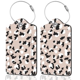 2Pack Luggage Tags for Suitcases, Cute Unique Pu Leather Cruise Luggage Tag with Privacy Cover ID Label Address Card and Metal Ring Suitable for Women Men Kids Travel Bag Beige Black Leopard