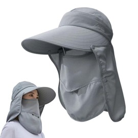 Jravezt UV Protection Wide Brim Folding Farm Hat Sun Visor Farm Work Hat Sun Shade Neck Guard Face Cover Gardening Farm Work Outdoor Camping, gray, M