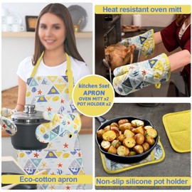 Alselo Oven Mitts and Pot Holders with Chef Apron,Set of 5 Heat Resistant Kitchen Gloves and Silicone Non-Slip Potholders Adjustable Neck Buckle Apron, Cotton Nice Design for Cooking (Sea Fish)
