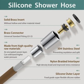59 Inches Gold Silicone Shower Hose Extra Long Revolutionary Ultra-Soft Golden Rv Shower Hose Replacement Anti-Kink Designed Handheld Showerhead Hoses Extension with Brass Insert and Nut