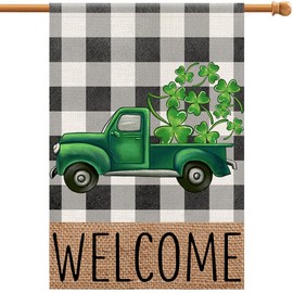 Welcome St Patricks Day House Flag 28x40 Inch Double Sided Burlap, Truck Lucky Shamrocks Sign Farmhouse Yard Outdoor Decor DF185-28