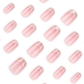 24 Pcs Pink Press on Nails Short Square,ZWENJIE Fall Acrylic Nail Tips Kit Fake Nails Press ons Stick on Nails Supplies Glue on Nails Full Cover Artificial False Nails Glitter French Design for Women