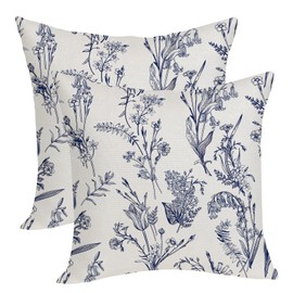 OFIRD Spring Summer Pillow Cover 18x18 Pack of 2 Navy Blue Floral Wildflower Leaf Plant Throw Pillow Cover,Spring Holiday Decor Pillowcase Rustic Decorative Cushion Case for Sofa Couch Outdoor Indoor