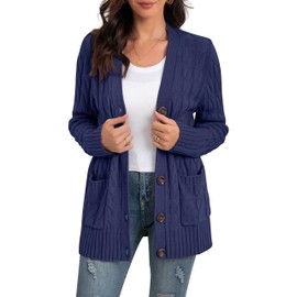 GRECERELLE Women's Knit Long Cardigans Jumpers Cardigan with Pockets with Buttons Ladies Loose Long Sleeve Knitwear Oversized Sweater Cardigan for Autumn Winter Spring (Navy Blue, S)
