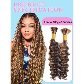 Sexycat Deep Curly Human Braiding Hair for Boho Braids 2 Bundles 18 Inch 100g，#4/30 Ombre Brown Water Wave Bulk Human Hair for Micro Braiding Wet and Wavy Bundles Hair Extensions