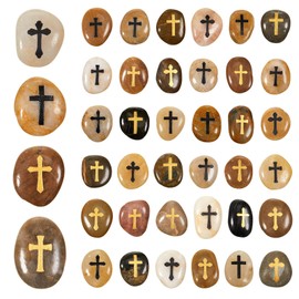 Fabbay 40 Pcs Cross Engraved Stones Prayer Rocks Inspirational Rocks Christian Clinging Cross Heavenly Gratitude Blessings Faith Encouragement for Christmas Religious Gifts, 4 Styles, 1-2 Inches Each