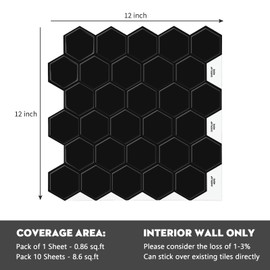 Black Hexagon Tile Peel and Stick Backsplash, 12"x12" Self-Adhesive 3D Stick on Wall Tiles Sticker for Kitchen Bathroom (10 Sheets)