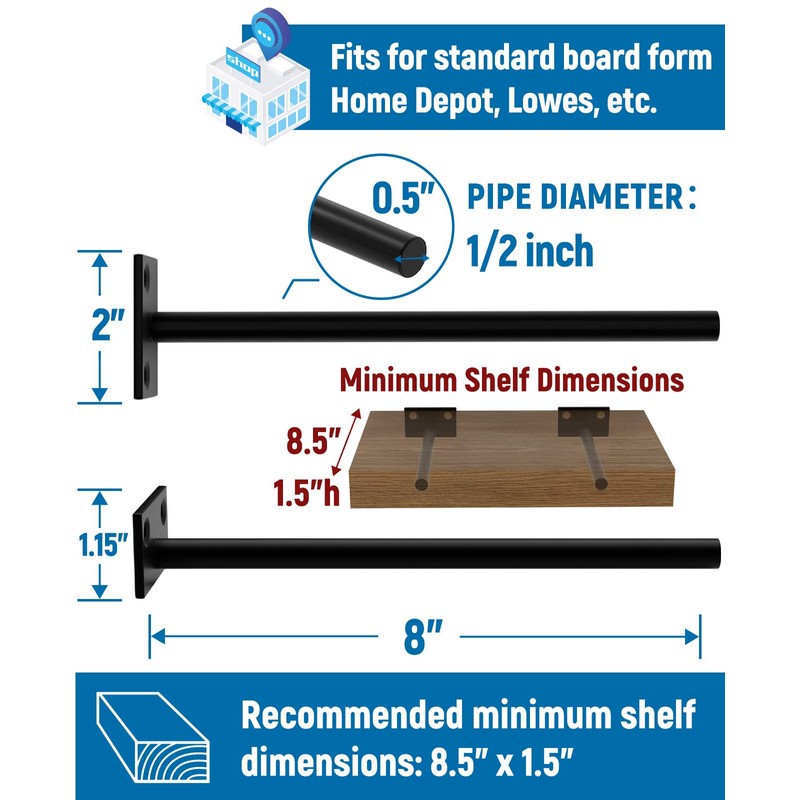 LEOPO Black 8 Pack-8 inch Floating Shelf Bracket, Hidden Brackets