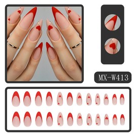 Press on Nails Medium Almond Heart Red French Tips Artificial Fake Nails with Valentine's day Designs Glossy Full Cover Acrylic False Nails Sets with Adhesive Tabs Glue ons Fingernails for Women