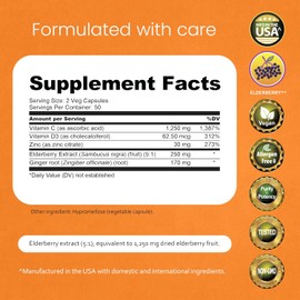 NaturaLife Labs Vitamin C with Vitamin D3, Zinc, Elderberry & Ginger Root – 1,700 mg per Serving – 100 Capsules, Vegan, Non-GMO, Gluten Free