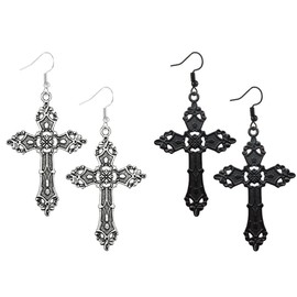Kawailay 2 Pairs Gothic Cross Earrings Vintage Cross Dangle Earrings Punk Rock Hip Hop Drop Earrings for Women - Silver and Black