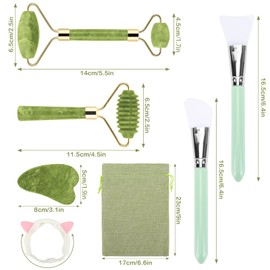 Coicok 6 stück Jade Gua Sha Stein Set, Gua Sha und Gesichtsroller Beauty Massager Skincare, Jade Roller, Natürlich Grünes Massagegerät, Anti-Aging Massageroller, Schönheit Geschenke