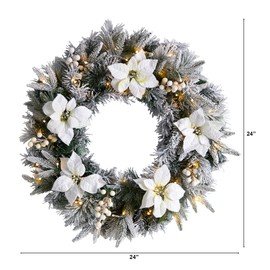 Nearly Natural 24in. Flocked Poinsettia and Pine Artificial Christmas Wreath with 50 Warm White LED Lights