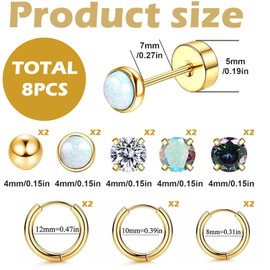 Xinixinly 8 Pairs Flat Back Earrings for Sensitive Ears Hypoallergenic 20G Stainless Steel Surgical Steel Stud Small Hoop Earrings for Women Men Opal Ball CZ Surgical Steel Flat Back Earrings Cartilage Earrings
