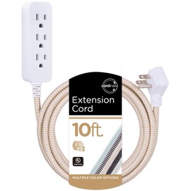 Cordinate Designer 3-Outlet Extension Cord with Surge Protection, Brown Braided Décor Fabric Cord, 10 ft, Low-Profile Plug with Tamper Resistant Safety Outlets, 37916