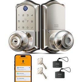 Veise VE018 Smart Knob Handle Lock - Fingerprint, App Control, Keyless Entry Front Door Lock, Electronic Digital Keypad, Auto-Locking, Remote Access Sharing, IP55 Weatherproof, Satin Nickel