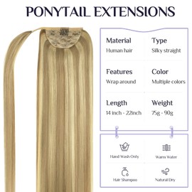 DOORES Ponytail Hairpiece, Light Blonde Highlights Golden Blonde, 35 cm, 75 g, Ponytail Extension, Straight Extensions, Braid Clip-In Wrap Around Remy Ponytail, Real Hair, Straight Magic Paste