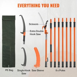 VEVOR Manual Pole Saw, 7.3-27 ft Extendable Tree Pruner, Sharp Steel Blade and Scissors High Branches Trimming, Branch Trimmer with Lightweight 8 Fiberglass Handles, for Pruning Palms and Shrubs:_27 ft & Double Hook Saw + Spare Blade + Scissors
