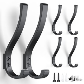 BREYDROK 6-Pack Heavy Duty Coat Hooks for Wall Mount - Durable Wall-Mounted Hooks for Hanging Coats, Backpacks & Bookbags, Rust-Resistant Coat Hanger Hooks for Entryway, Garage, Dorm