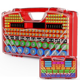 Battery Organizer Storage Holder Box Case with Tester, New Ultra-Large 285+Batteries Double-Sided Variety Pack, Holds AA AAA 4A C D Button Cell 9V 3V Lithium18650 CR2 CR123 CR1632 LR44 (Red)