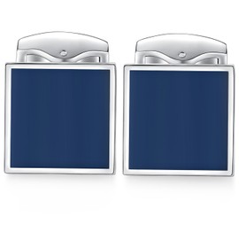 HONEY BEAR Blue Enamel Cufflinks For Mens - Square Stainless Steel Brushed Silver, for Business Wedding Gift (Navy Blue)