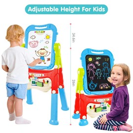 Amagoing Easel for Kids, Adjustable Standing Art Easel for Toddler, Double Magnetic Drawing Board with Painting Accessories, Gift for Little Boys and Girls Age 3 4 5, Blue