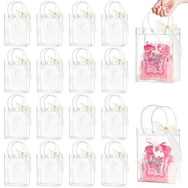 Ohuimrt 24 PCS Plastic Gift Bags with Handles, Reusable Clear Party Favor Bags with Ribbon Transparent Gift Wrap Bags Bulk for Weddings Birthdays, 5.9 x 7.9 x 2.8 Inches