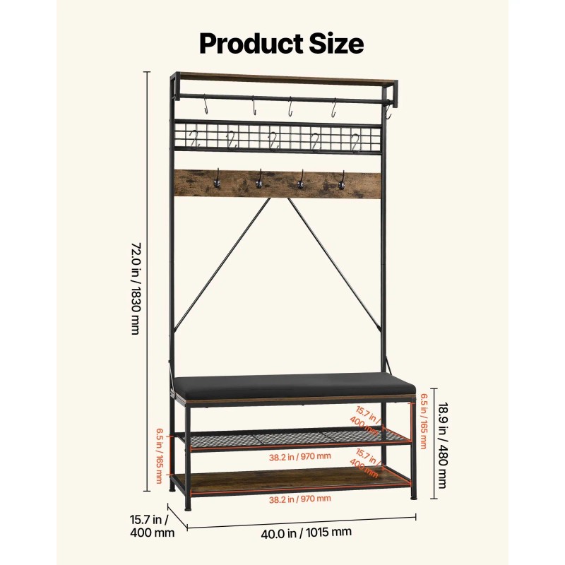 72 in Freestanding Coat Rack with Shoe Bench 2-Tier Storage