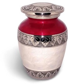 Akanksha Arts Small 6 x 4 inch Metal Cremation Urn Memorial Container - 650 ml, White, Red, Silver. Rare Handicraft, with Bag