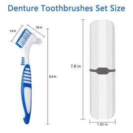 Geodurn Denture Brush, 2 Pieces False Teeth Toothbrush with White Carrying Case, Orange and Blue Multi-Layered Bristles with Ergonomic Rubber Handle for Dentures Cleaning