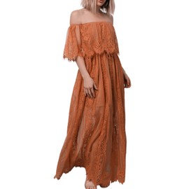 HOYISHION Women's Off The Shoulder Floral Lace Maxi Wedding Dress Boho Brides Bridesmaid Party Dress Flowy Maternity Photoshoot Dresses Orange