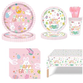 LASLU 117Pcs Easter Tableware Set Colorful Easter Bunny Disposable Dinnerware Set Decorations Include Plates, Napkins, Cups, Cutlery, tablecloth for Easter Party Decorations (Colorful )