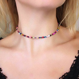 Obmyec Boho Beaded Necklace Delicate Choker Chain Short Necklaces Jewelry for Women, free size, Metal