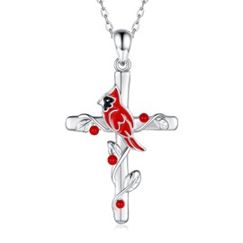 JZCOLOR Sterling Silver Cardinal Cross Jewelry for Women: Red Bird Cardinal Cross Earrings Adjustable Ring Pendant Necklace Memorial Christmas Jewelry Gift (Necklace)