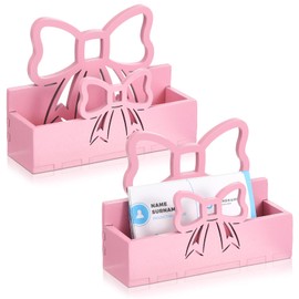 Weysat 2 Pcs Pink Bow Wooden Business Card Holders for Desk Coquettish Preppy Business Card Display Stands Postcard Organizer Holder for Women Office Reception Event Conference Room Desktop