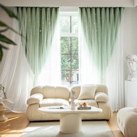 Loyala Stars Curtains Blackout Curtains for Bedroom Double Layer Curtains Kids Curtains Cute Curtains Kids Blackout Curtains, Curtains 84 Inches Long 1 Panel, Green Curtains, 52 X 84 Inches