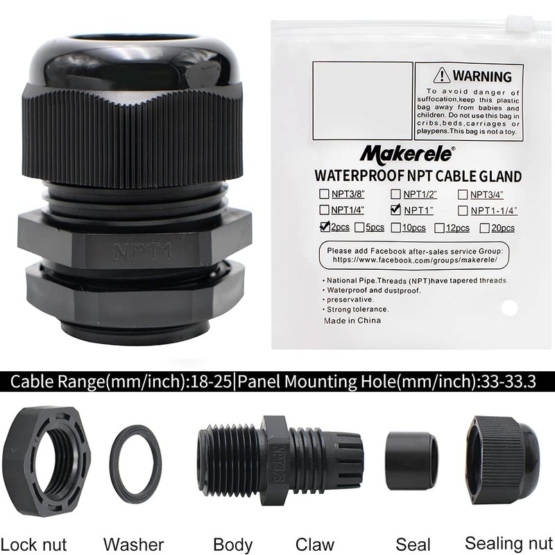 MAKERELE NPT 1” Cable Gland Connector Cord Grip Plastic Nylon