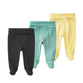 Teach Leanbh Infant Baby 3 Pack Footed Pants Cotton High Waist Casual Leggings (Dark Grey/Stripe/Yellow, 3-6 Months)