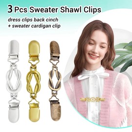 3 Pcs 3 Colors Elegant Sweater Vintage Dress Clips Dress Cinch Waist Cincher Clip for Women Elegant Cardigan Clip Set Perfect Clothing Accessory for Sweaters, Shawls and Dresses(Gold, Silver, Bronze) ﻿