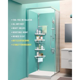 ADOVEL 4 Layer Corner Shower Caddy, Stainless Steel Constant Tension Pole Shower Organizer, Adjustable Corner Shower Shelf, Rustproof 3.3 to 9.8 ft