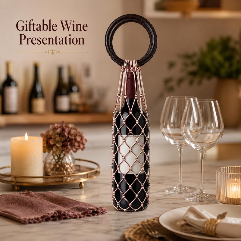 Woven Wine Bottle Tote Bag Wooden Ring Handle Macrame Carrier