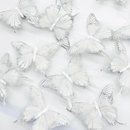 12 unidades de mariposas de plumas plateadas con purpurina para adornos navideños con clips para manualidades de árbol de primavera, ramos de flores, 