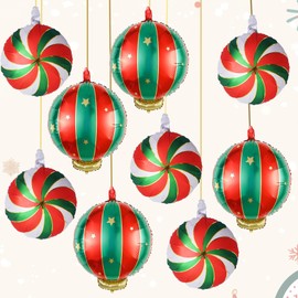 Christmas Foil Balloons, 9PCS Xmas Round Candy Lollipop Foil Balloons and Christmas Hanging Ball Mylar Foil Balloons, Red Green Gold Christmas Candyland Decorations for New Year Candies Party Decor