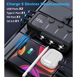 8 in 1Cigarette Lighter Splitter,LIHAN 3 Expander Socket Car Charger Adapter & 5 USB Ports(Type-C PD36W/QC3.0),12V/24V Plug,120W Outlet with LED Voltmeter,3.3FT Cable for Car,Truck,SUV,RV,Camping