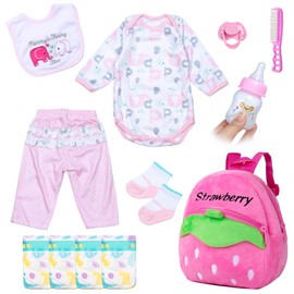 Pedolltree 12 Pcs Set Reborn Dolls Newborn Baby Girl Clothes Pink Elephant Outfit Accessories for 17-22 Inch Reborn Baby Dolls with Strawberry Backpack&Feeding Set