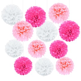 ENLACE Tissue Paper Pompoms, Pack of 12 Pink White Decorative Tissue Paper Pompoms for Wedding, Decorative Paper Flower Pom Poms Paper, Hanging Paper Pom Poms for Wedding, Birthday, Christening, Girls